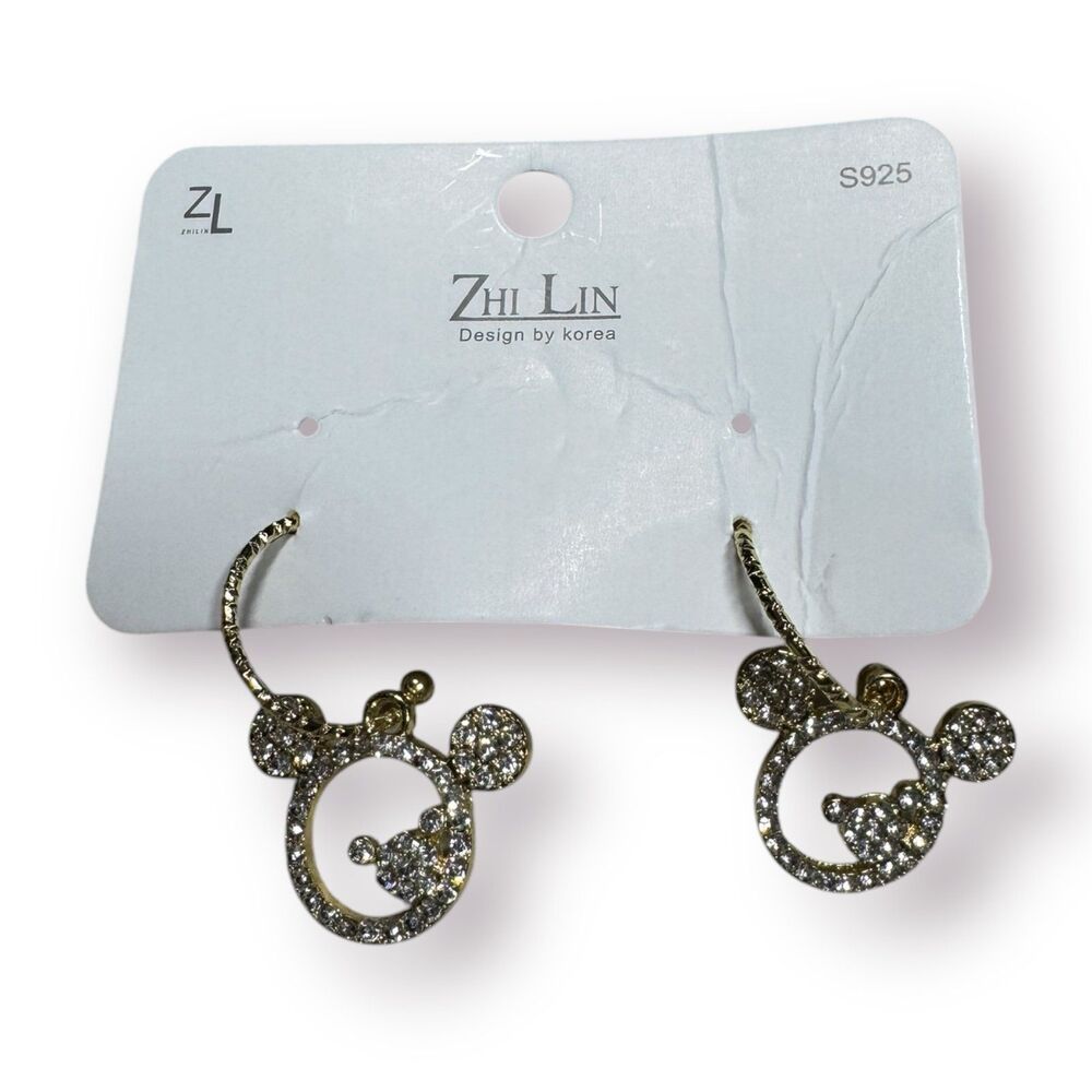 Zhi Lin Disney Gold Crystal Mickey Mouse Earrings Rhinestones‎ BNWT